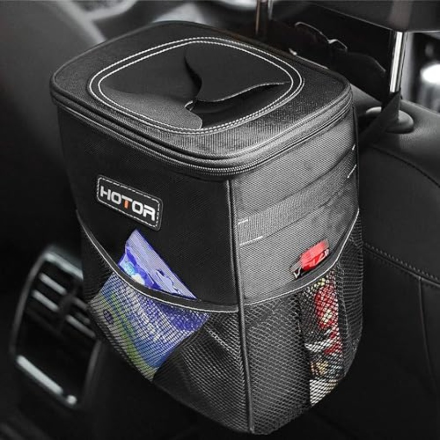 Waterproof Car Trash Can With Lid - 蓋と収納ポケット付き車用ゴミ箱 - 100%漏れ防止オーガナイザー、防水ゴミ箱、車用多目的ゴミ箱