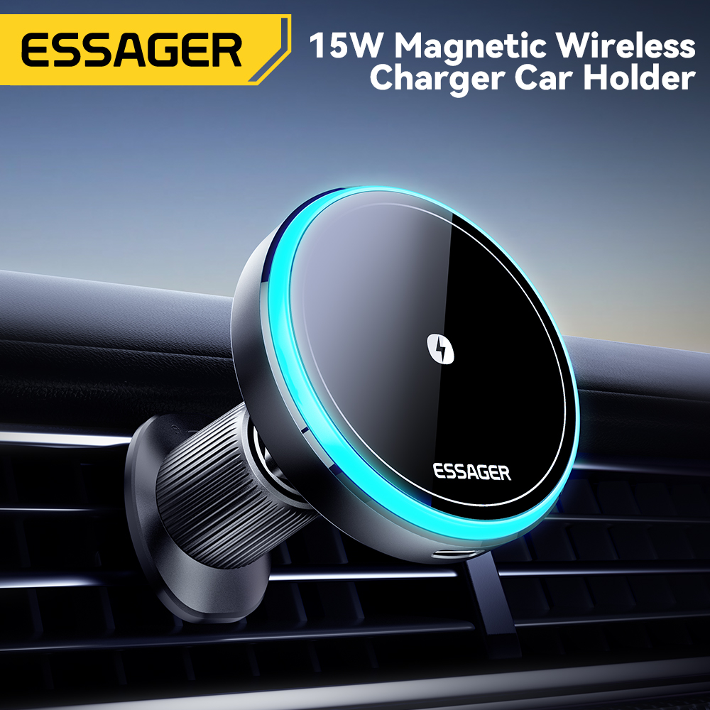 Wireless Car Charger Mount Fast Charging - Essager-磁気自動車電話ホルダー,15w,rgb,7色の急速充電,iPhone 15, 14, 13, Android用マウントスタンド
