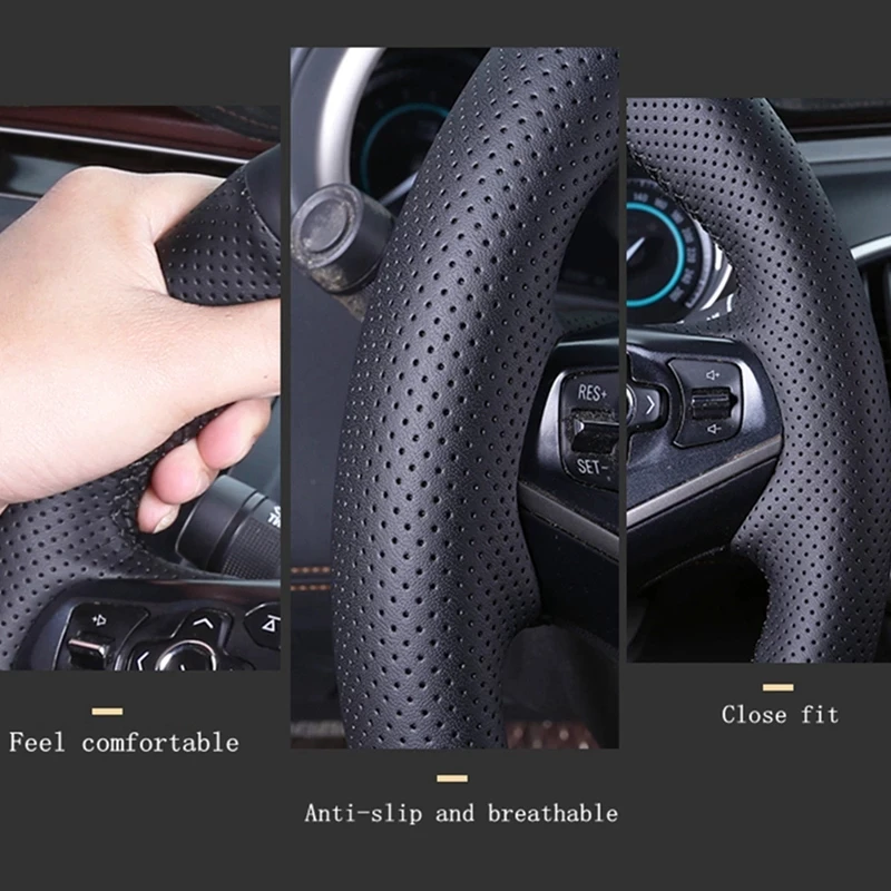 手縫いの滑り止めワインレッドブラック本革製カーステアリングホ - Car Steering Wheel Cover Anti Slip Breathable のレビューと価格