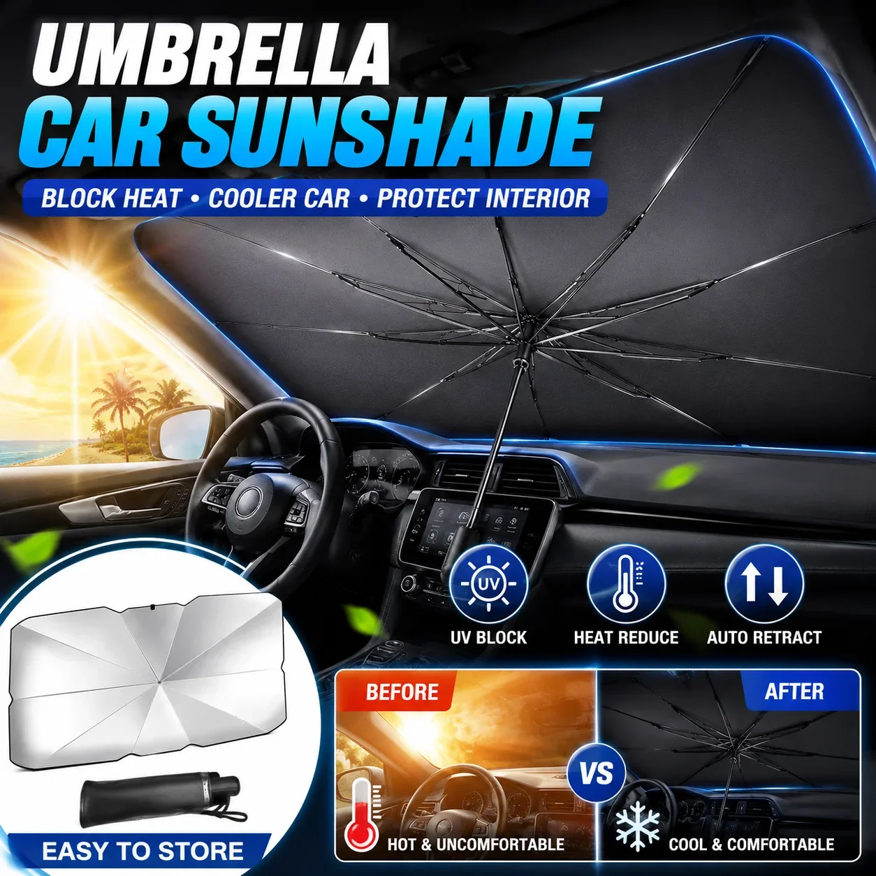 折りたたみ式カーサンシェード、フロントガラス用、シルバーコー - Car Sunshade Windshield Umbrella Foldable のレビューと価格